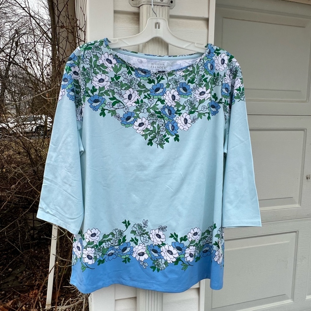 NWT Talbots Pretty Blues Greens White Floral Ballet Neck 3/4 Sleeve Top
